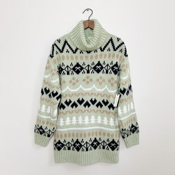NWT Anthropologie Green Fair Isle Turtleneck Oversized Winter Holiday Sweater S - Picture 3 of 14